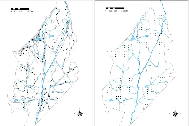 Figure 3. Sampling site locations on a) roads and trails, and b) systematic transects