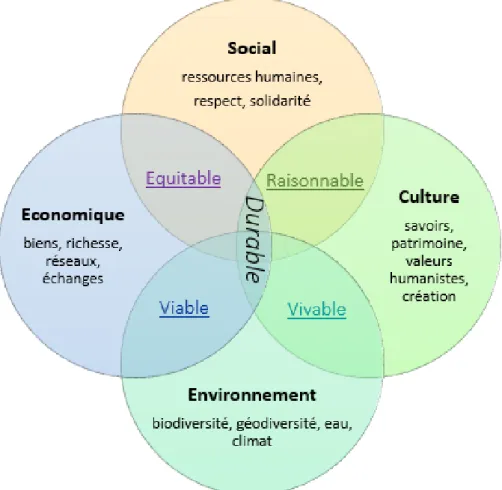 Figure 1 : Représentation schématique des quatre piliers du développement durable  (Réalisation A