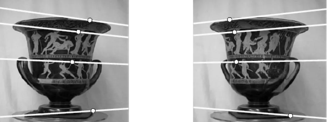 Figure 2.8: An example of point correspondences and their epipolar lines (in white) [59]