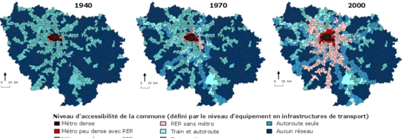 Figure 1 : Niveau d’accessibilité des arrondissements et communes d’Ile-de-France en 1940, 1970 et 2000 