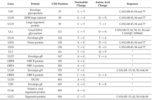 Table 3. Single nucleotide polymorphisms (SNPs) of the nine Canadian ILTV sequences from the Alberta (CAN/AB-S61, CAN/AB-S50, CAN/AB-S42, CAN/AB-T85, CAN/AB-S45, CAN/AB-S77, CAN/AB-15A, CAN/AB-S84) and Quebec (CAN/QC-1990662) provinces using the vaccine st