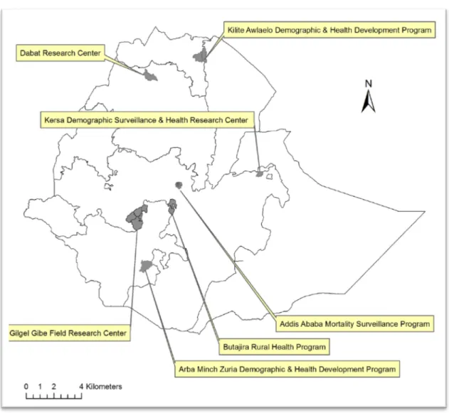 Figure 4. Carte de situation des Observatoires de Population et de santé en Ethiopie 