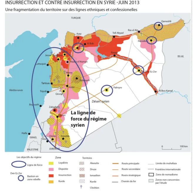 Figure 10 : Insurrection et contre insurrection en Syrie. Une fragmentation du territoire sur des lignes ethniques et  confessionnelles