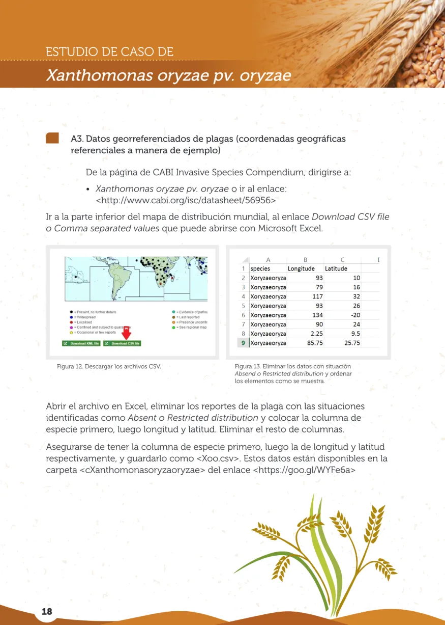 Figura 12. Descargar los archivos CSV. Figura 13. Eliminar los datos con situación  Absend o Restricted distribution y ordenar  los elementos como se muestra