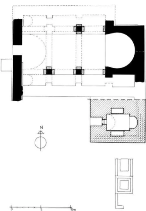 Fig. 1. A  , ensemble mémorial : basilique, mausolée royal et stèles  (d’après Thierry et Donabédian , 1987, p