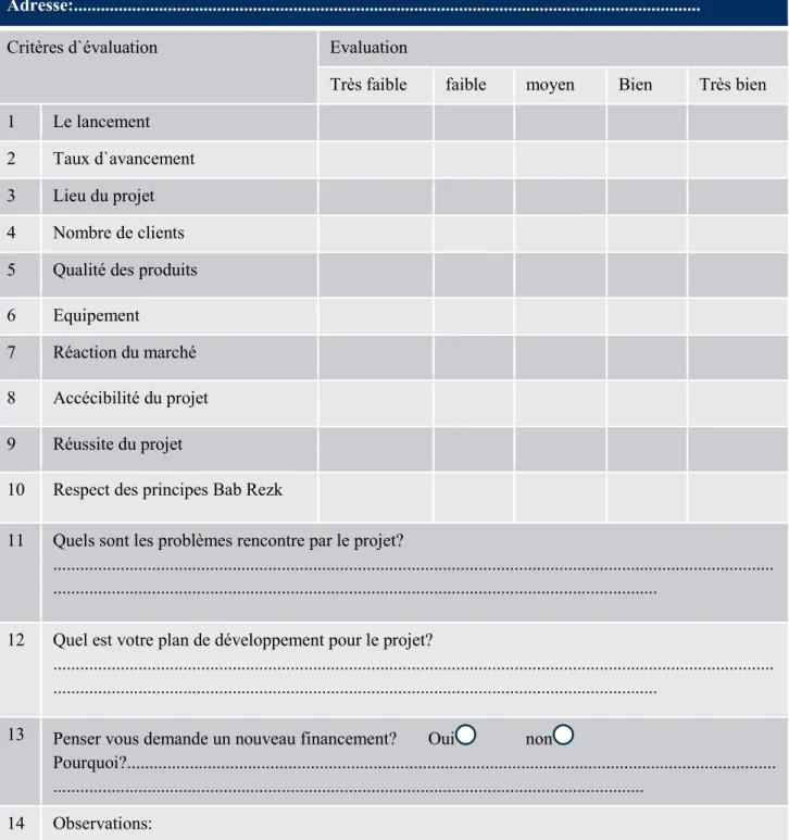 Tableau N04 grille d’évaluation et de suivi des projets Bab Rezk   
