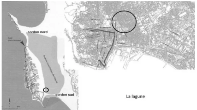 Fig. 7 : restitution hypothétique de la lagune sur la  limite orientale du site (image de gauche selon S HEHI ,