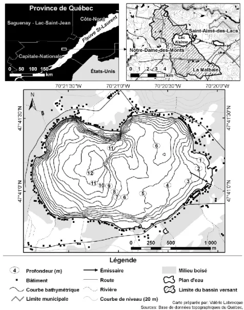 Figure 1. Localisation du bassin versant et bathymétrie du lac Nairne. 