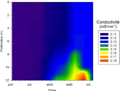 Figure 6. Variation de la conductivité de l'eau selon la profondeur et la date d’échantillonnage à la fosse principale en  2010