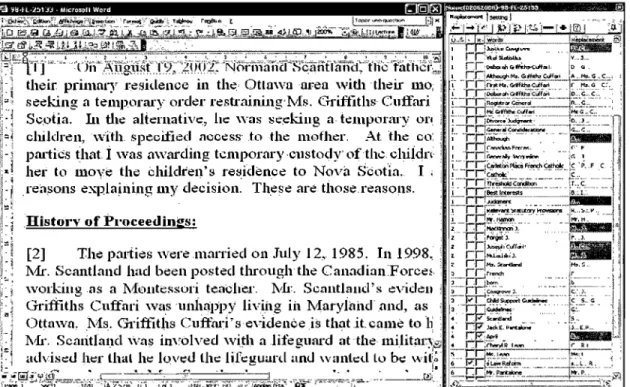 Figure 1.2:  A snapshot of NOME.  After opening a document with Microsoft Word (left  window) and executing the macro NOME,  it opens the NOME interface window (right  window enlarged in figure  1.3) containing a list of tenns