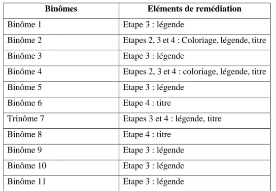 Tableau 5 : Eléments de remédiations proposés aux binômes de tutorat  