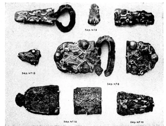 Fig. 27-o.  Fers damasquinés de Varangéville conservés en atmosphère neutre (échelles 1/2) ;  sépultures n°  8,  9,  10,  13, 14