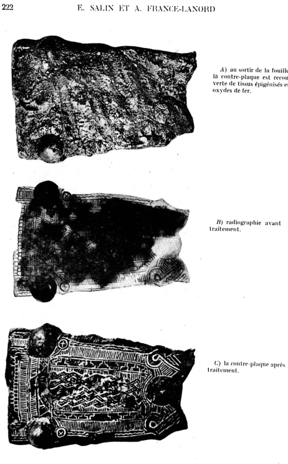 Fig. 28.  Contre-plaque de fer damasquiné (grand, nat.). Sépulture n &#34;20, 