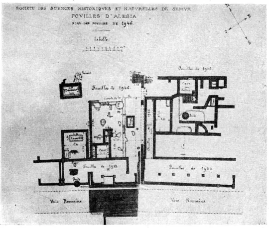 Fig.  G.  Plan  des  fouilles  exécutées  en  1906,-1933,  1934  et  194G  à  l'ouest  de  la  maison  du  Silène