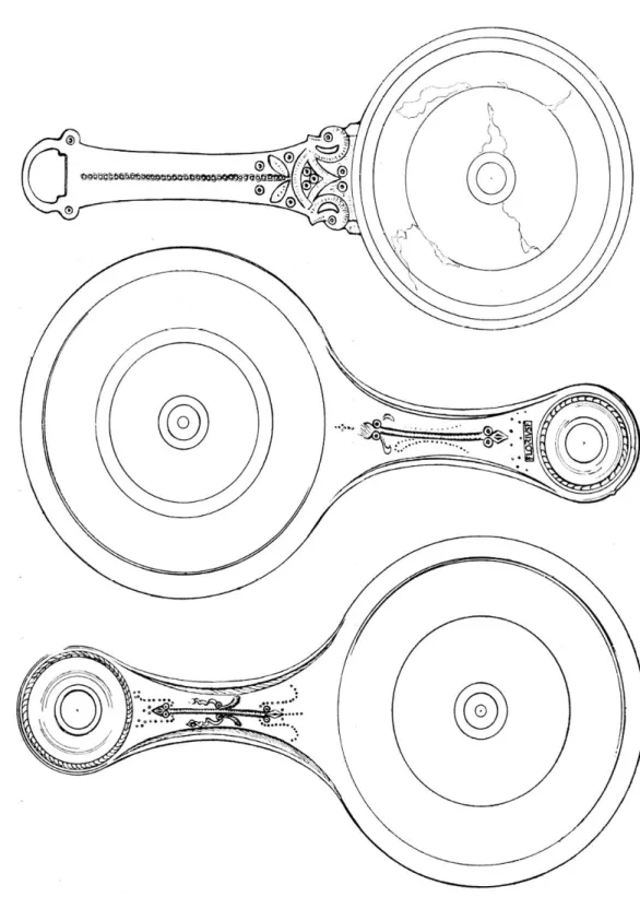 Fig.  1. — a)  en haut  :  patère  trouvée  dans  la Saône;  b)  au  milieu :  casserole  signée  Florins;  c)  en bas  :  casserole  du  Musée  de  Chalon-sur-Saône