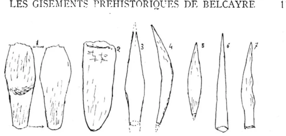 Fig.  6.  —  Abri  de  la  Métairie.  Aurignacien.  1:  Fragments  de  «base fendue». 