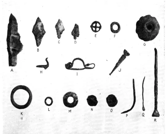 Fig.  2. — Objets  gaulois  recueillis  à  l'emplacement des  huttes  :  A,  B,  C,  :  Flèches  en  silex