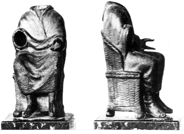Fig.  2.  — Statuette  d'Amiens, en bronze, face  et  profil  (haut.  :  0  m.  12). 