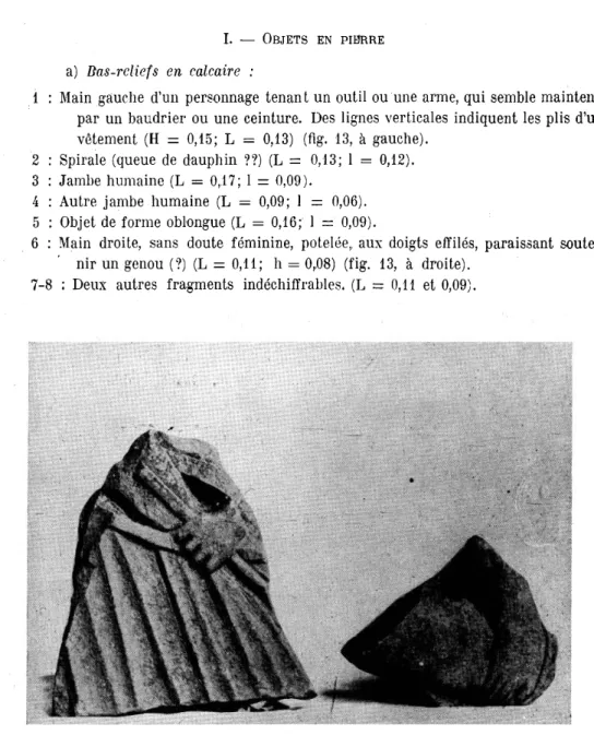 Fig.  13.  — ■ Bas-reliefs en  calcaire. A gauche :  fragment  d’un buste  avec  main tenant  une  arme  ou  un outil  (haut.:  0m15);  â  droite:  main  droite (haut.:  0m08)