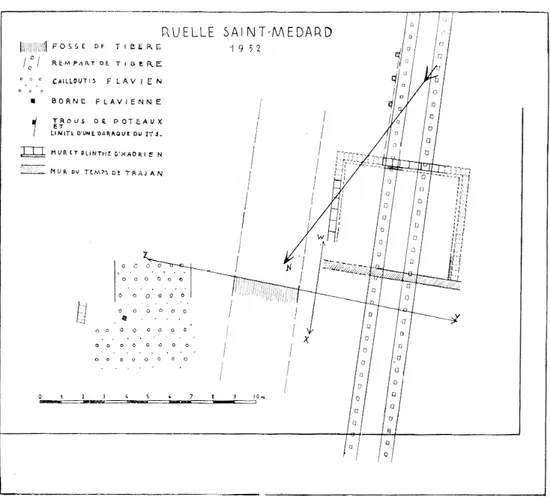 Fig.  2.  — Ruelle Saint-Médard.  Plan  schématique des vestiges du Haut-Empire.  Fouilles  1951-1952