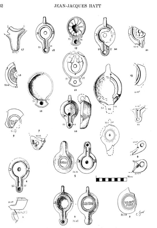 Fig.  10. —  Lampes  et  fragments  de  lampes  en  terre  cuite,  trouvés  dans  le  dépotoir