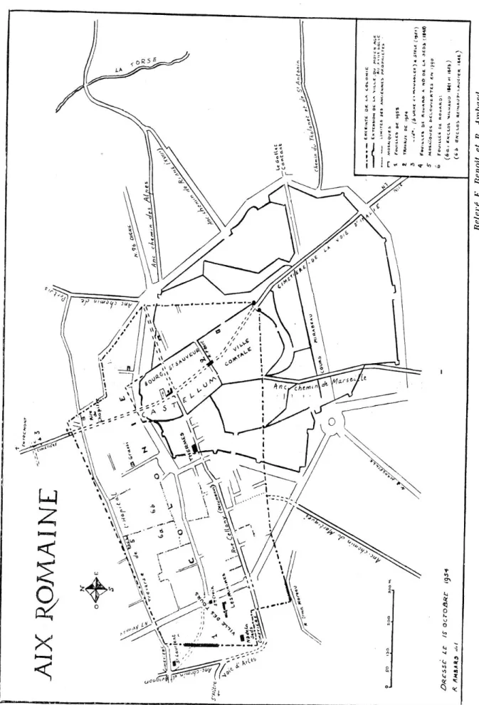 Fig. 9.  — Plan  de coordinalion  des découvertes archéologiques d'Aix,  donnant  la  reslitulïon  provisoire  du  Iracé  de  la  colonie