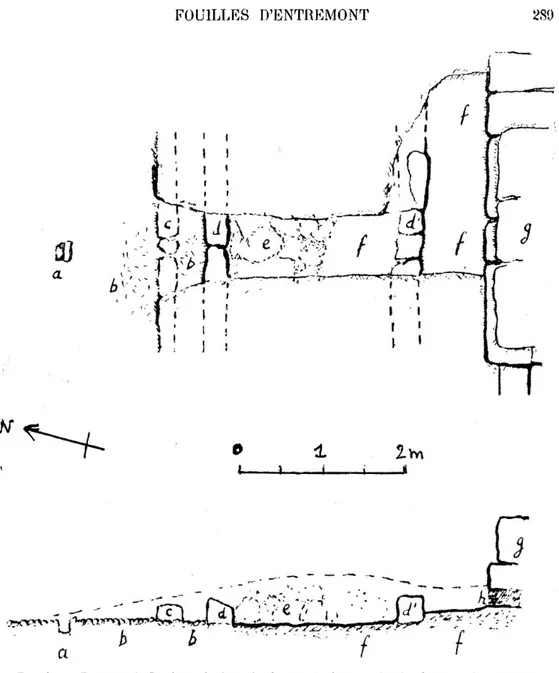 Fig.  4.  —  Entremont.  Sondage  de  la  voie  du  sanctuaire;  en  haut,  plan;  en  bas,  coupe