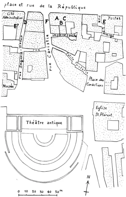 Fig.  1.  — Plan de  situation  des  fouilles de  1949  (A),  1950 (B),  1951  (C),  1952  (D),  1953 (E, E')  et  1954  (F)
