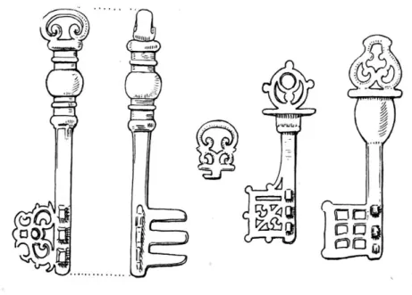Fig.  3. — Clefs en  bronze découvertes en  Chalonnais (à Montceau, à gauche; 