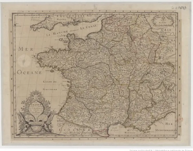 Fig. 3 : Pierre Duval, La France en toute son étendue sous le Roy Louis XIV en l’an 1668, Paris, chez   l’auteur,   1668,   BNF,   Cartes   et   plans,   Impr.,   GE   -D-14847