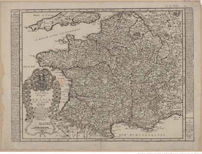 Fig. 5 : Pierre Duval,  La carte générale de France et de ses nouvelles acquisitions , Paris, Chez Jaillot,   1661,   BNF,   Cartes   et   plans,   Impr.,   GE   D-14931