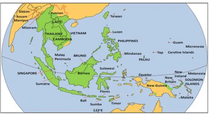Figure 1 : Sud-Est de l’Asie, Micronésie et Mélanésie : les régions colorées en verts où le  noircissement dentaire est pratiqué 