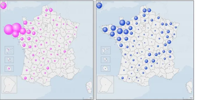 Figure 1 : Localisation des élevages porcins (gauche) et de vaches laitières (droite) en 2010, en France ( INRA SMART-LERECO ) 