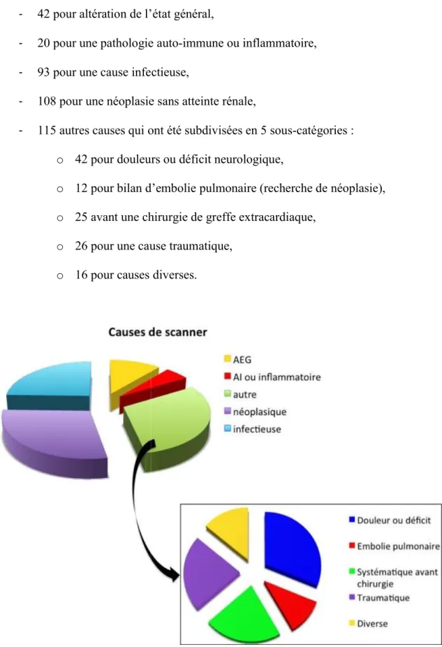 Figure 13: description des causes de scanners chez les 378 patients contrôlessont détaillées ci-après et en Figure 13: 