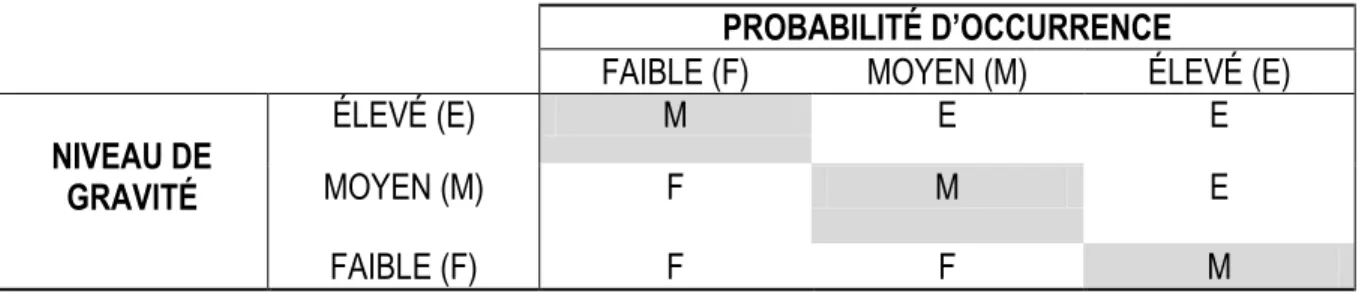 Tableau 1 : Matrice de hiérarchisation des risques proposée par Levesque, 2008 