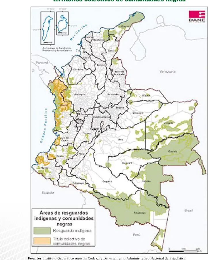Figura 2. Mapa de Colombia con los resguardos indígenas y  territorios colectivos de comunidades negras