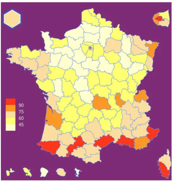 Figure 1 : Répartition des chirurgiens-dentistes en France (nombre de praticiens / 100 000 habitants) 