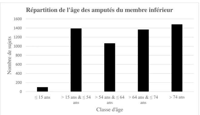 Figure 8. Répartition par tranche d’âge des amputés du membre inférieur (LIMBLESS  2011-2012) (14) 9923063 52 36050100150200250