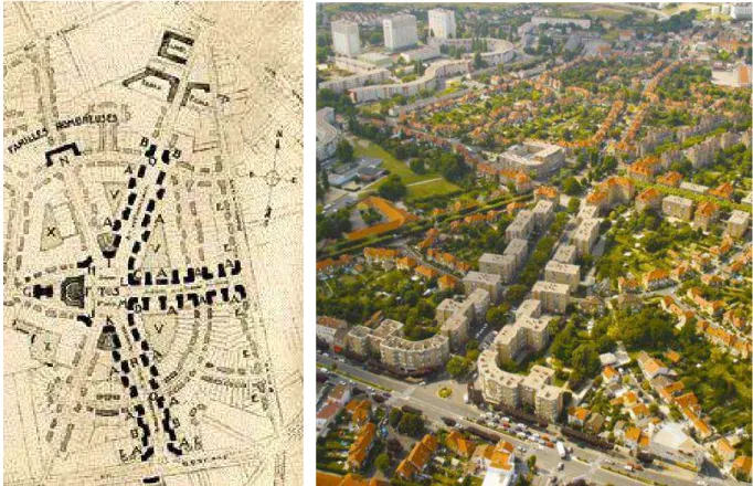 Figure 5   Plan (1920) et vue aérienne (2009) de la cité-jardin de Stains     https://cutt.ly/EgoHqtP  La cité-jardin peut ainsi être définie comme un « 