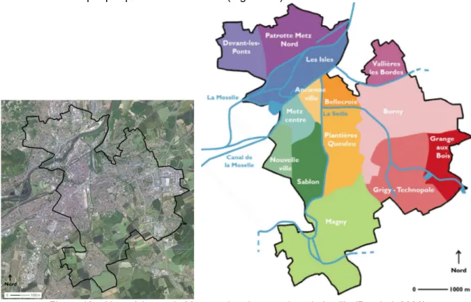 Figure 13   Vue aérienne de Metz et plan des quartiers de la ville (Poudrai, 2020)                                 1 