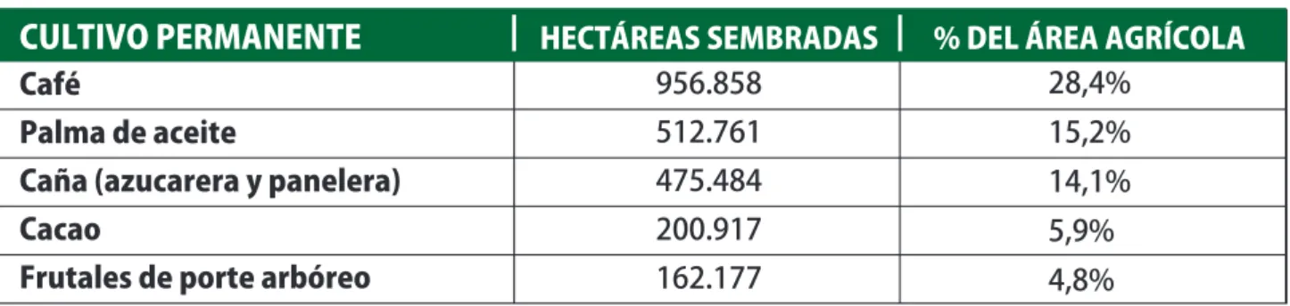 Tabla 5. Superficie sembrada por cultivo y su participación respecto al área total agrícola nacional