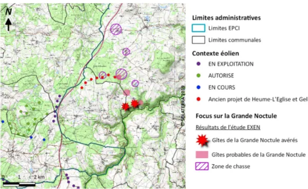 Figure  14 :  Enjeu  relatif  à  la  Grande  Noctule  ©Solaterra  Source  :  Document  interne  Solaterra  d’après  données IGN, DTT et Préfecture du Puy de Dôme, DREAL Auvergne-Rhône-Alpes, Beucher et al., 2014 
