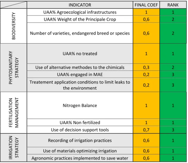 Figure 14: Table of the ranks of indicators which have the higher weight for each item  following the methodology explained