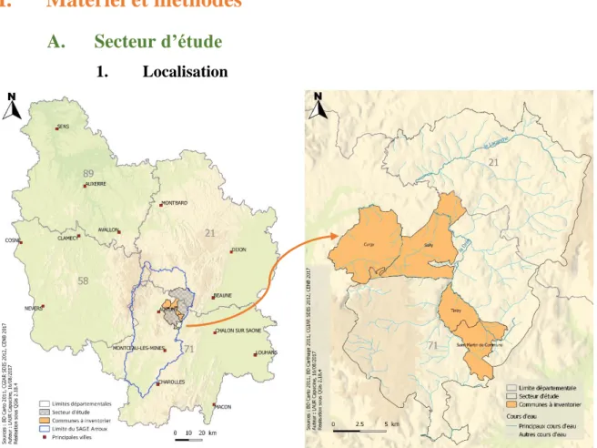 Figure  1:  Localisation  du  secteur  d'étude  à  l'échelle  de  la  Bourgogne  (à  gauche)  et  des  communes  à  inventorier (à droite)