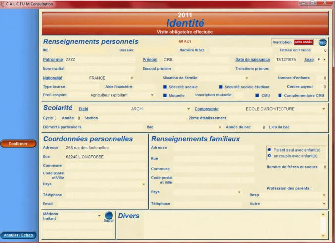 Figure 5 : Exemple de fiche du logiciel CALCIUM (Fiche Identité) 