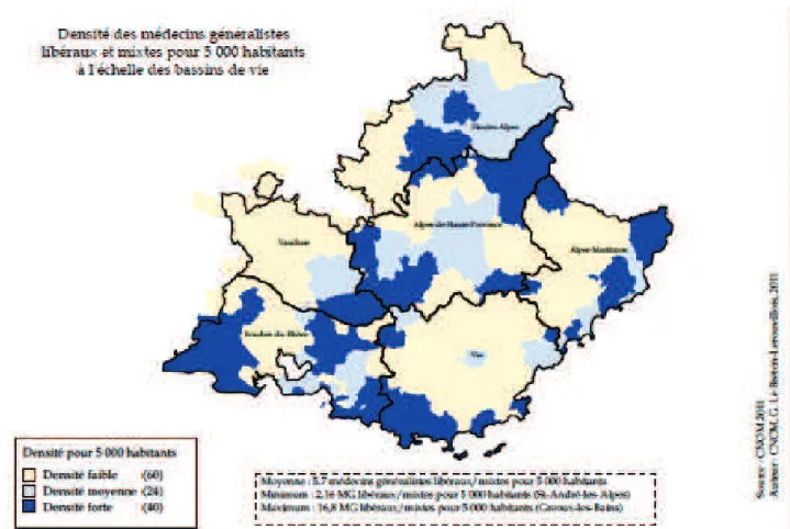 Figure 5 : Densité des médecins généralistes libéraux et mixtes pour 5000 habitants à l'échelle des  bassins de vie (la démographie médicale à l'échelle des bassins de vie en région  Provence-Alpes-Côte-D’azur, situation au 1er juin 2011)