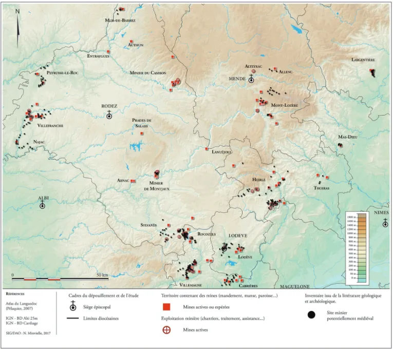 Fig. 2 - Répartition des mentions et sites miniers en Languedoc oriental. (DAO, N. Minvielle Larousse)