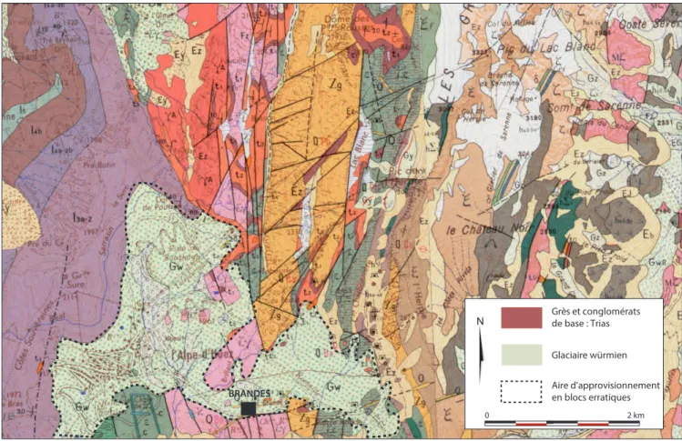 Fig. 3. Carte géologique et aire d’approvisionnement des meules (BRGM, Infoterre).