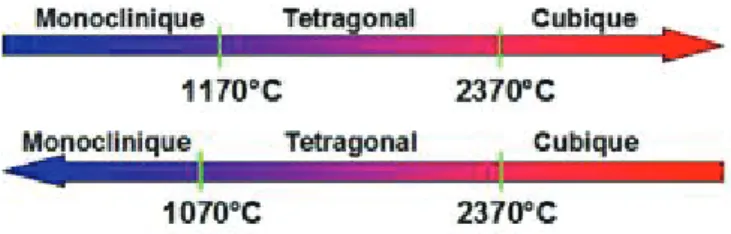 Figure 6 : Transformations allotropiques des cristaux d’oxyde de zirconium au cours de  changements de températures ( haut : réchauffement, bas : refroidissement ) 