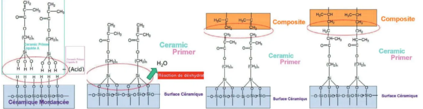 Figure 16 : Mécanismes d’adhésion du silane à une surface  céramique et au composite de collage  